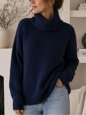 Hilary‎ Radley Navy Blue Cowl Neck Chunky Knit Sweater Size XL Cozy Minimalist